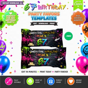 May include: Digital templates for 0.78 oz Rice Krispies wrappers featuring a black brick wall background with neon graffiti-style paint splatters, the text "Gruffity Vibes, birthday Tribe, Enrique is 7", and the large number "67" in green and blue.