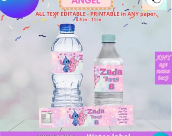 Lilo and Angel Water Bottle Labels Template, EDIT Yourself in CANVA. Party Kit. Online template.