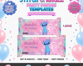 May include: Two rectangular candy bar wrappers featuring a pink and blue background with stars, Stitch and Angel characters, and text reading Elizabeth's 10th Birthday and Hershey. The wrappers are designed for 1.55oz chocolate bars with colorful striped edges.