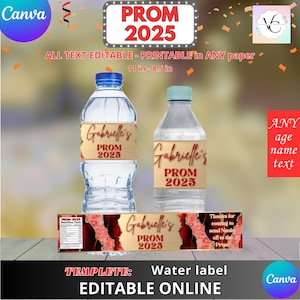 Prom 2025 - Water Bottle Labels Template, EDIT Yourself in CANVA. Party Kit. Online template.