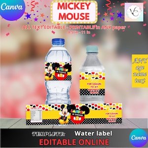 Party Labels - Mickey Mouse red - Water Bottle Labels Template, EDIT Yourself in CANVA. Online template.
