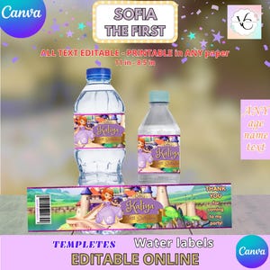Może przedstawiać: Etykiety na butelki z wodą z motywem księżniczki. Etykiety zawierają tekst "Sofia the First" i "Kaliya First Birthday". Etykiety są przeznaczone do drukowania na papierze o wymiarach 27,9 cm na 21,6 cm. Projekt zawiera zamek i tekst "Dziękuję za przybycie na moje przyjęcie!"