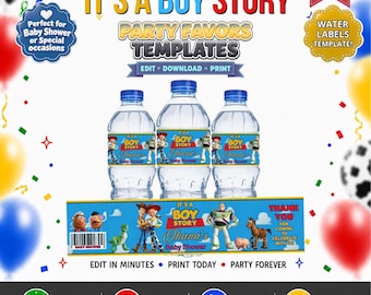 May include: Three clear plastic water bottles with blue caps, each featuring a rectangular label with the text It's a Boy Story, Ohana's Baby Shower, and illustrations of animated toy characters. A flat label template is displayed below the bottles.