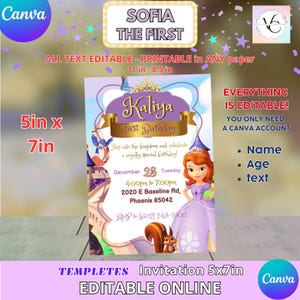 Może przedstawiać: Cyfrowy szablon zaproszenia na pierwsze urodziny, z motywem księżniczki i tekstem "Sofia the First". Zaproszenie ma wymiary 12,7 cm x 17,8 cm i jest edytowalne online. Projekt zawiera ilustrację księżniczki.