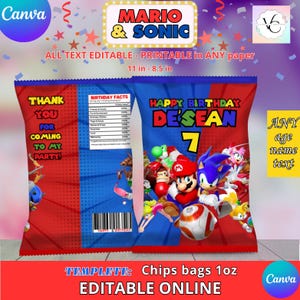 Mario and sonic Birthday- chips bag Template, EDIT Yourself in CANVA. Party Kit. Online template