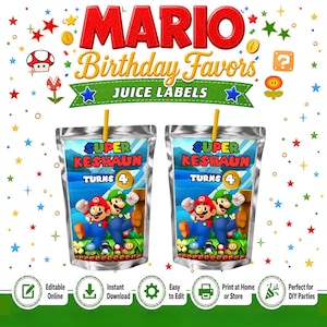 Mario-Geburtstag – Vorlage für Saftetiketten, Capri Sun. Selbst in Canva bearbeiten. Party-Set. Online-Vorlage.