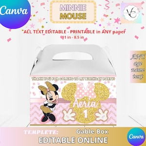May include: White gable box with a handle, featuring a Minnie Mouse theme. The design includes a gold glitter bow, Minnie Mouse illustration, and the text "Thank you for coming to my birthday party!" The box is approximately 28 x 22 cm.