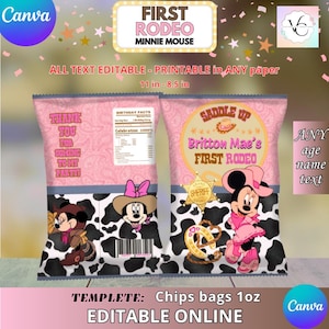 May include: Pink chip bag template with a Minnie Mouse rodeo theme. The design includes cow print, Minnie Mouse illustrations, and text that reads "First Rodeo" and "Saddle Up". The bag is 11 inches by 8.5 inches.