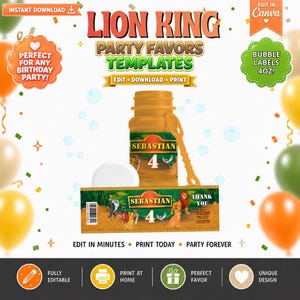Peut inclure: Un modèle numérique pour étiquettes de bulles de 118 ml avec des personnages du Roi Lion, le prénom Sebastian et le chiffre 4. Le design inclut un flacon marron avec une baguette, une étiquette rectangulaire et le texte Edit, Download, Print.