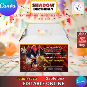 May include: White gable box with a handle, featuring a colorful design for a birthday party. The box includes text that reads "SHADOW BIRTHDAY" and "DARIEN IS TURNING 7". The design includes a cartoon character and the text "EDITABLE ONLINE".