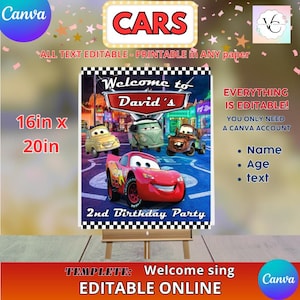 Puede incluir: Un letrero de fiesta de cumpleaños con temática de Cars, de 40.6 x 50.8 cm, con Rayo McQueen y otros personajes. El letrero dice "Bienvenido a David's" y "2º Cumpleaños". El texto es editable en línea.
