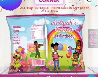 Party Labels - Kids Corner - Birthday- GIRL Birthday - chips bag Template, EDIT Yourself in CANVA. Party Kit. Online template.