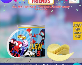 Etichette per feste - Spidey e i suoi amici - Modello lattina piccola Pringles, MODIFICA te stesso in CANVA