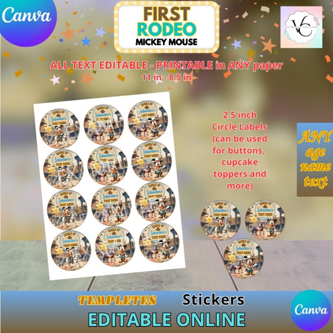 First Rodeo Mickey Mouse Birthday - Stickers 2.5in Template, EDIT ...
