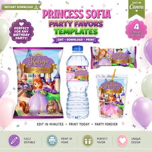 Puede incluir: Un conjunto de plantillas digitales para recuerdos de fiesta de la Princesa Sofía, que incluye diseños para bolsa de papas, etiqueta de botella de agua, envoltura de barra de chocolate y bolsa de jugo. Gráficos en tonos morado y dorado.