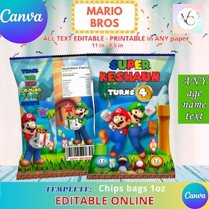 Vorlage für Mario-Geburtstags-Chipstüte, BEARBEITEN Sie sich selbst in CANVA. Party-Kit. Online-Vorlage.