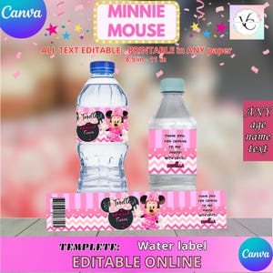 Party Labels - Minnie Mouse - Water Bottle Labels Template, EDIT Yourself in CANVA. Party Kit. Online template.