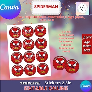 以下が含まれることがあります： スパイダーマンのデザインが施された、印刷可能な2.5インチの丸いステッカーです。ステッカーは赤色で、スパイダーマンのマスクとウェブのデザインが施されています。各ステッカーには「Happy 3rd Birthday Kamal」というテキストが印刷されています。ステッカーは、ボタン、カップケーキ、その他のパーティーデコレーションに使用するために設計されています。