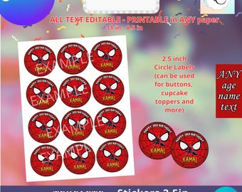 Könnte beinhalten: Druckbare runde Aufkleber mit einem Spiderman-Motiv im Durchmesser von 2,5 Zoll. Die Aufkleber sind rot und zeigen eine Spiderman-Maske mit einem Spinnennetz-Design. Der Text "Happy 3rd Birthday Kamal" ist auf jedem Aufkleber gedruckt. Die Aufkleber sind für die Verwendung auf Knöpfen, Cupcakes und anderen Partydekorationen gedacht.