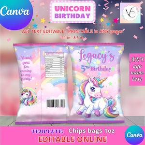 Urodziny Jednorożca - Szablon torebki na chipsy, EDYTUJ samodzielnie w serwisie CANVA. Zestaw imprezowy online