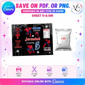 May include: A printable Spider-Man themed birthday party sheet with the text "Jeremiah is turning 5". The sheet includes Spider-Man graphics, a nutrition facts label, and the text "Thank you for coming!" A 1 oz bag is also shown.