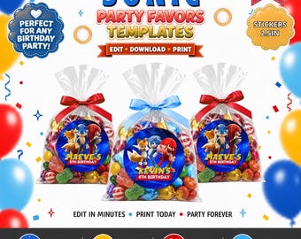 Può includere: Tre sacchetti di plastica trasparente riempiti di caramelle colorate, ciascuno legato con un nastro. I sacchetti presentano adesivi circolari con personaggi di Sonic e il testo Maeve's 5th Birthday o Kevin's 4th Birthday. L'immagine include il testo Sonic Party Favors Templates.
