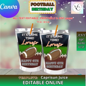 Football Birthday - Juice Labels Template, capri sun EDIT Yourself in CANVA. Party Kit. Online template.