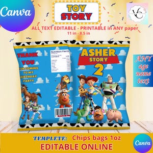 Puede incluir: Bolsas de patatas fritas imprimibles con temática de Toy Story para una fiesta de cumpleaños. Las bolsas presentan personajes de la película, incluidos Woody, Buzz Lightyear y Jessie. El texto en la bolsa dice "Gracias por venir a mi cumpleaños". La bolsa mide 28 cm por 21,5 cm.