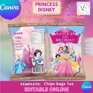 Prinzessin-Chips-Tüten-Vorlage, BEARBEITEN Sie sich selbst in CANVA. Party-Kit. Online-Vorlage