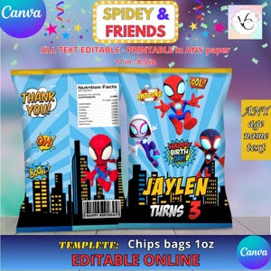 Etykiety imprezowe - Spider i przyjaciele - szablon torebki na chipsy, EDYTUJ samodzielnie w serwisie CANVA. Szablon internetowy.