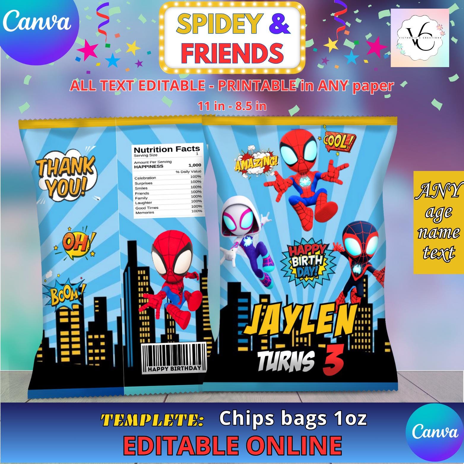 Party Labels - Spidey and friends - chips bag Template, EDIT Yourself in CANVA. Online template.