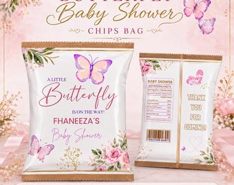 Baby shower Rainbow Butterfly chips bag Template, EDIT Yourself in CANVA. Party Kit. Online template.
