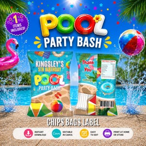Pool Party - chips bag Template, EDIT Yourself in CANVA. Party Kit. Online template