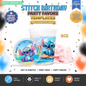 May include: A digital template for 20 oz cotton candy party favor containers featuring the character Stitch. The design includes a circular label and a wrap-around cup graphic with Stitch on a surfboard and on a beach with text Happy 5th Birthday.