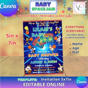 May include: A customizable 5x7 inch "Baby Space Jam" invitation template. The design features cartoon characters, the text "Lilah's Baby Jam", and details for a baby shower. The invitation is editable online using Canva.
