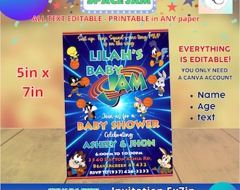 Baby Space Jam - Invito per baby shower 13x18 cm. Modificabile in CANVA
