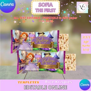 Może przedstawiać: Dwa opakowania batonów Rice Krispies z księżniczką w fioletowej sukni, napisem "Kaliya First Birthday" i słowami "Sofia the First". Opakowania mają wymiary 27,9 cm na 21,6 cm i można je edytować online.