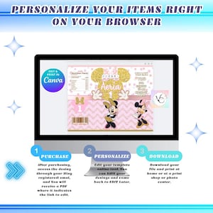 May include: A computer screen displays a pink and gold birthday party design featuring Minnie Mouse. The text reads "PERSONALIZE YOUR ITEMS RIGHT ON YOUR BROWSER." Instructions for purchase, personalization, and download are also included.