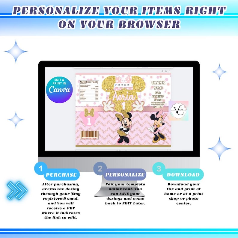 May include: A computer screen displays a pink and gold birthday party design featuring Minnie Mouse. The text reads "PERSONALIZE YOUR ITEMS RIGHT ON YOUR BROWSER." Instructions for purchase, personalization, and download are also included.