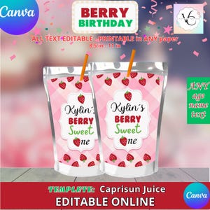 Berry Birthday - Juice Labels Template, capri sun EDIT Yourself in CANVA. Party Kit. Online template.