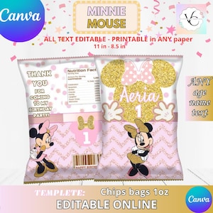 May include: Pink and gold Minnie Mouse-themed chip bag template. The design features Minnie Mouse illustrations, a gold glitter silhouette, and customizable text for a birthday party. The bag is 11 inches by 8.5 inches.