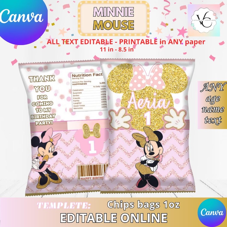May include: Pink and gold Minnie Mouse-themed chip bag template. The design features Minnie Mouse illustrations, a gold glitter silhouette, and customizable text for a birthday party. The bag is 11 inches by 8.5 inches.