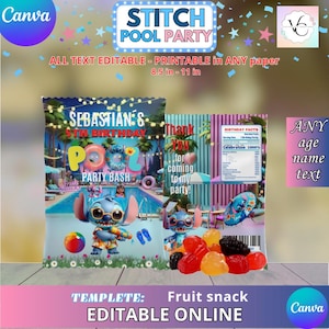Stitch Pool Party - Fruit Snack Template, EDIT Yourself in CANVA