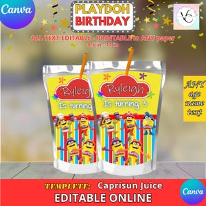 Play Doh - Juice Labels Template, capri sun EDIT Yourself in CANVA. Party Kit. Online template.