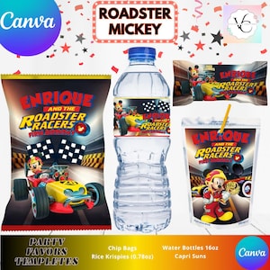 May include: Party favor templates featuring "Roadster Mickey" theme. Includes chip bags, water bottles, Rice Krispies (0.78oz), and Capri Suns. The designs feature Mickey Mouse in a race car with the text "Enrique and the Roadster Racers".