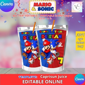 Mario und Sonic – Vorlage für Saftetiketten zum Geburtstag, Capri-Sonne. BEARBEITEN Sie selbst in CANVA. Party-Set. Online-Vorlage.