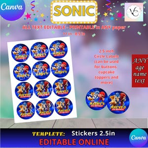 Party Labels - Sonic - Stickers 2.5in Template, EDIT Yourself in CANVA. Party Kit. Online template