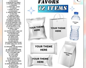 12 Personalized Party Favor: Chips, Water, Juice Pouch, Chocolate Bar, Fruit Snack, Skittles, Juice, Pouches. Digital Download