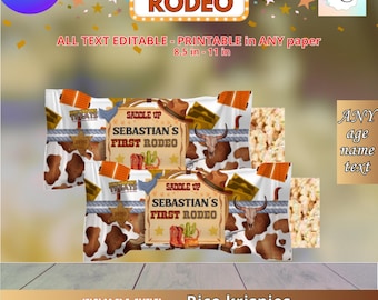 May include: A digital template for rice krispies treats, featuring a cowboy theme with the text "First Rodeo". The design includes a cowboy hat, boots, and a bull's head. The text "Saddle Up" and the name "Sebastian's" are also visible. The template is editable online.
