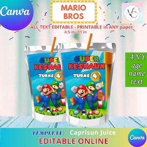 マリオの誕生日 - ジュース ラベル テンプレート、カプリ サン CANVA で自分自身を編集します。パーティー キット。